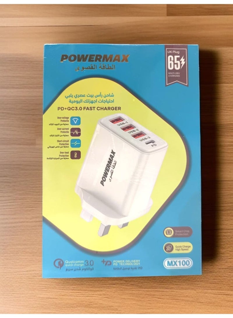 PowerMax 3-port USB-C wall charger with 65W fast charging, PD and QC3.0 technology, three-prong plug - Image 1